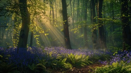 Poster - A mystical forest at dawn, with light filtering through dense trees onto a carpet of bluebells and ferns, creating a serene, fairy-like ambiance.
