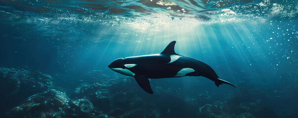 Killer Whale swimming underwater under sea life with sunbeams 