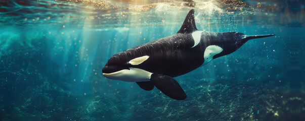 Wall Mural - Killer Whale swimming underwater under sea life with sunbeams 