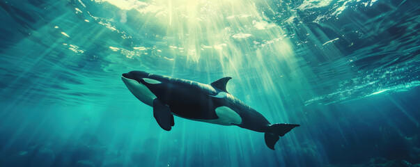 Killer Whale swimming underwater under sea life with sunbeams 