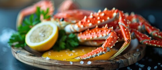 Wall Mural - A plate of food with a crab and a lemon wedge on it. The crab is large and has a yellow sauce on it. The plate is on a wooden table