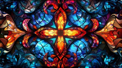 Wall Mural - A vibrant design featuring stained glass cross designs with intricate details and vibrant colors. The cross features complex patterns and a rich color palette, creating a visually captivating