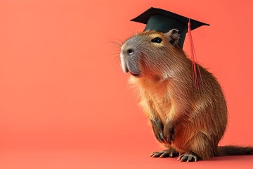 Adorable Capybara in Academic Cap Posing on Colorful Plain Background