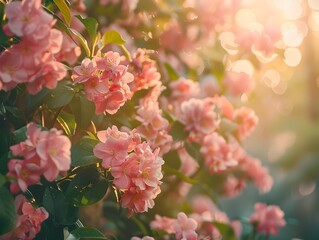 Canvas Print - Freshly Bloomed Flowers in Garden Bathed in Morning Light Signifying Renewal and Growth