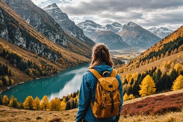 Woman with backpack looking at mountain range in natural parkland in autumn