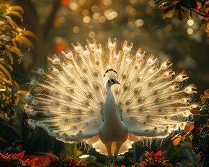 Sticker - Elegant White Peacock with Fully Fanned Tail Feathers Shimmering in Lush Garden Surroundings