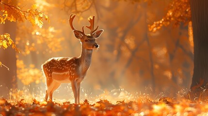 Canvas Print - Deer in Autumnal Clearing with Misty Atmosphere