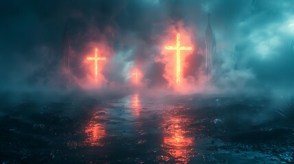 Wall Mural - An abstract design of neon crosses on a foggy, gothic-inspired background. The glowing crosses stand out against the dark, misty backdrop, enhancing the gothic and eerie feel.