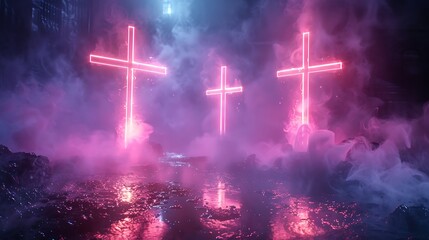 Wall Mural - An abstract design of neon crosses on a foggy, gothic-inspired background. The glowing crosses stand out against the dark, misty backdrop, enhancing the gothic and eerie feel.