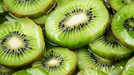 Close up of green kiwi fruit slices.