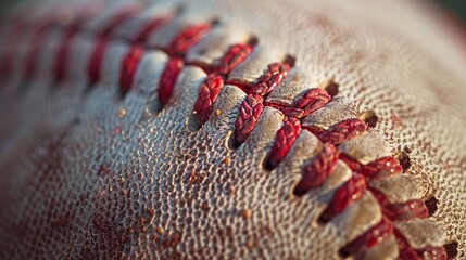 Wall Mural - a baseball showing intricate red stitches and the grain of the leather, set against a soft-focus sports field