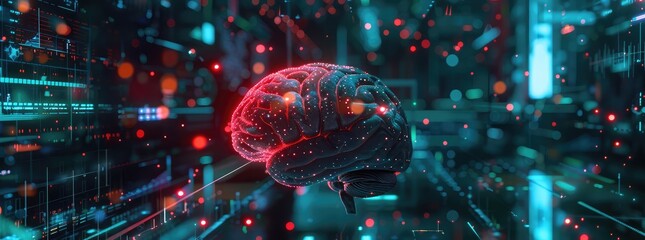 A brain emitting light pulses, connected to conductors. The concept of the metaverse,Glowing abstract human brain illustration with futuristic technology and anatomy generated