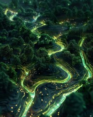 A hologram aerial view of a dense forest with illuminated, glowing pathways weaving through the trees, creating a futuristic and magical atmosphere