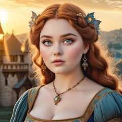 Wall Mural - Ethereal princess with piercing blue eyes and red hair, adorned in regal medieval attire