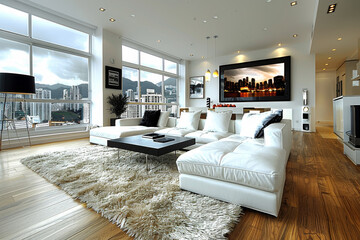 Poster - Bright White Living Room with Large Windows