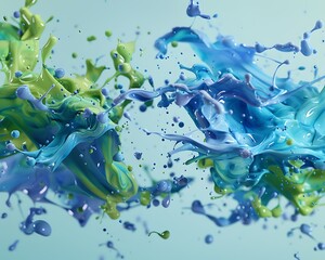 Wall Mural - Cool blue and green 3D ink splashes creating a tranquil abstract artwork