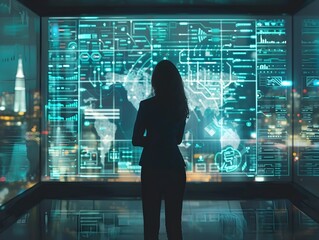 Wall Mural - Businesswoman Analyzing Financial Data on Futuristic Interactive Screen in Nighttime Urban Office