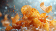 © goopiag - A handful of perfectly seasoned potato chips launched into the air, with individual chips tilted at different angles, showcasing their crisp texture.