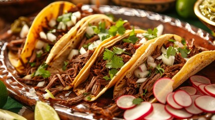 Wall Mural - A savory platter of Mexican barbacoa tacos, tender shredded beef served in corn tortillas with onions
