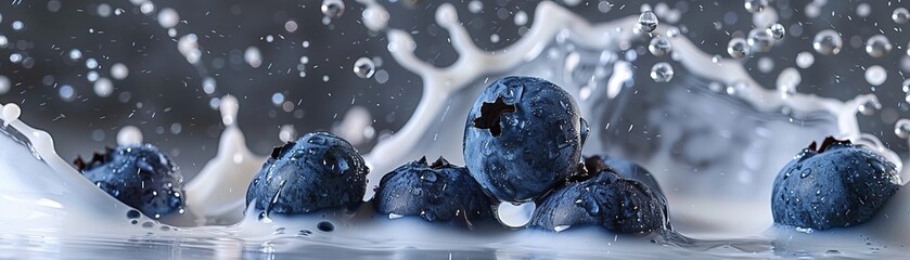 A close-up photo of blueberries in a splash of milk photorealistic
