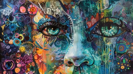 Poster - Vibrant oil painting on canvas with a mix of bold colors and intricate patterns, creating a captivating modern art piece