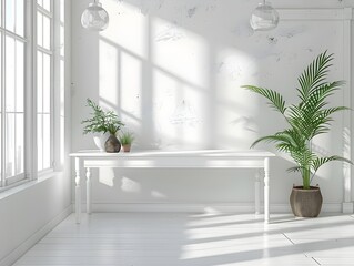 Wall Mural - Minimalist White Table in Bright Airy Loft Apartment with Empty Space for Product Concept Display