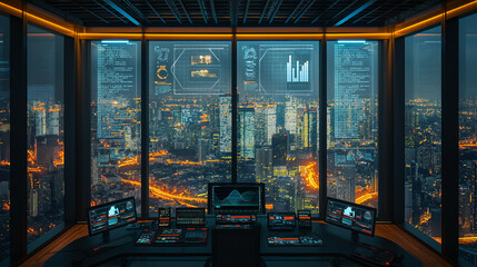 Wall Mural - A computer monitor shows a city view with a lot of buildings and lights