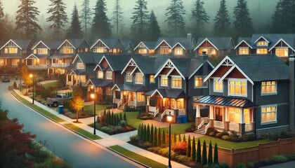 Suburban Homes in a Misty Evening