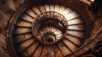 Spiral staircases viewed from above, highlighting a vintage architectural look. The design includes intricate wrought iron railings and aged stone steps.