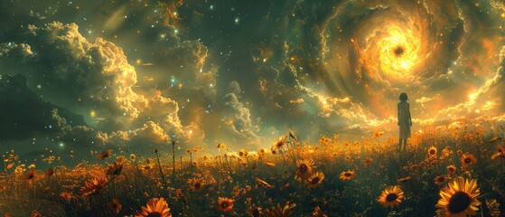 Canvas Print - a lone figure stands amidst a sea of sunflowers gazing towards a swirling galaxy under a golden sky 