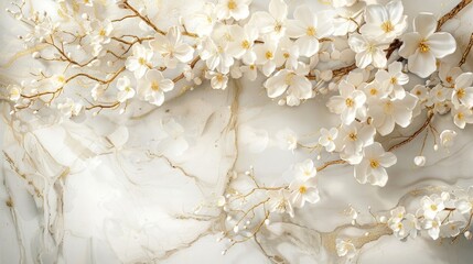 Wall Mural - White flower petals intertwined with golden branches, gracefully cascading down a marble wall, evoking a sense of movement and organic beauty, blending nature and architecture