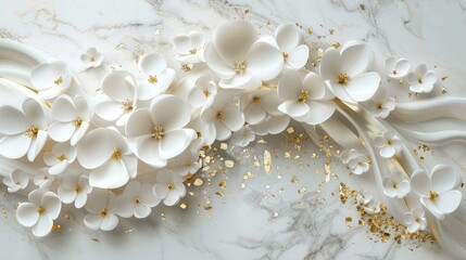 Wall Mural - White petals gracefully arranged in a 3D swirl, accented by gold leaf, creating a mesmerizing focal point on a marble wall, embodying the fusion of nature's purity and the splendor of gold