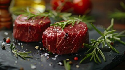 Wall Mural - a mouthwatering close-up banner featuring two raw red steaks, focusing on their organic filet characteristics and freshness