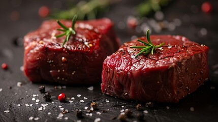 Wall Mural - a high-quality close-up banner image of two organic red raw steaks, ideal for promoting premium filet cuts