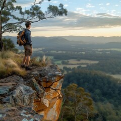 Wall Mural - Hiker Taking in the Breathtaking View from Cliff Overlooking Vast Panoramic Landscape