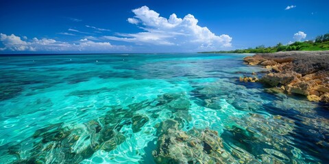 Wall Mural - A scenic view of a tropical beach with clear turquoise waters and a distant coral reef