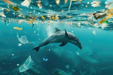 Sticker - Dolphin Swimming in a Sea of Plastic Pollution