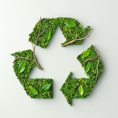 Eco-friendly concept with a green recycling symbol made of leaves and branches on a light background.