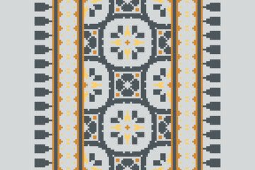 Wall Mural - Ethnic pixel geometric seamless pattern with paisley on beige background. Native oriental cross stitch knitting design for fabric, decoration, wallpaper, border decor, element, texture, textile, print