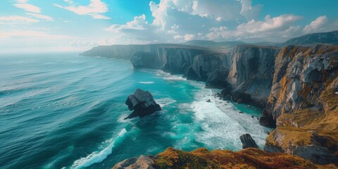 Wall Mural - A dramatic coastline with cliffs plunging into the ocean and waves crashing against the rocks