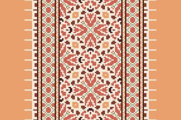 Wall Mural - Ethnic pixel geometric seamless pattern with paisley on beige background. Native oriental cross stitch knitting design for fabric, decoration, wallpaper, border decor, element, texture, textile, print