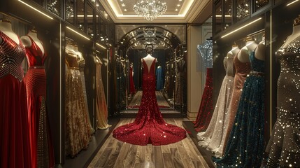 exquisite evening dresses featuring sequins displayed in a fitting room, capturing the essence of luxury fashion.