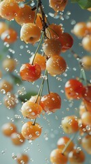 Wall Mural - yellow cherries flying, falling in the air. juicy garden berries froze in flight. levitation.