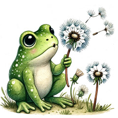 A cute green frog with big eyes sits next to a dandelion, blowing on it to make the seeds fly.