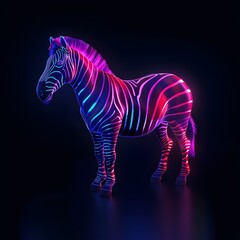 Wall Mural - Neon Zebra with Glowing Stripes and Elegant Stance on Dark Background with Copy Space