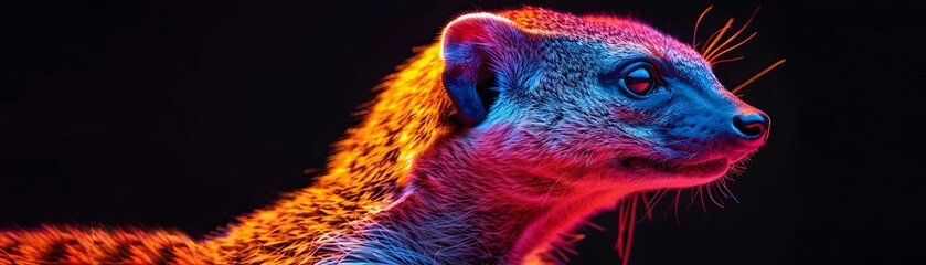 Sticker - Neon Mongoose Poised on Black Background with Vibrant Fur and Glowing Details