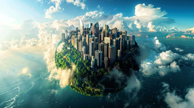 A city is floating in the sky with clouds surrounding it