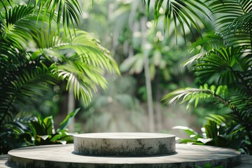 Wall Mural - Concrete podium tabletop floor in outdoor tropical garden forest blurred green leaf plant nature background