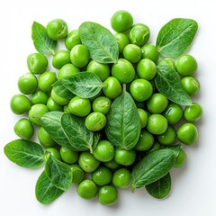 Wall Mural - Scattered green peas and leaves on white background. Fresh Green pea pods with green leaves on white, top view. Fresh green peas and spinach leaves
