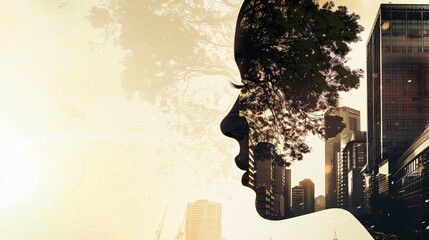 Wall Mural - a double exposure composition of a woman's face merged with cityscape and nature, with generous space for text copy.